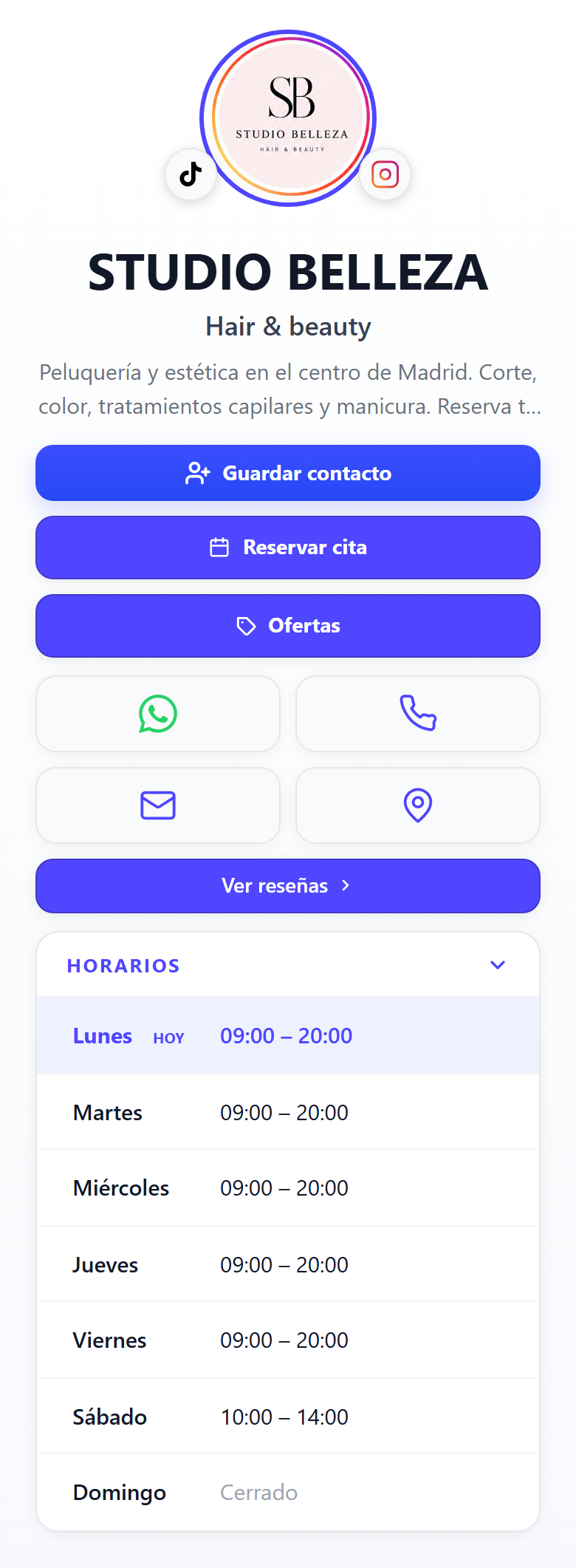 La misma página con el horario semanal desplegado y el día de hoy resaltado