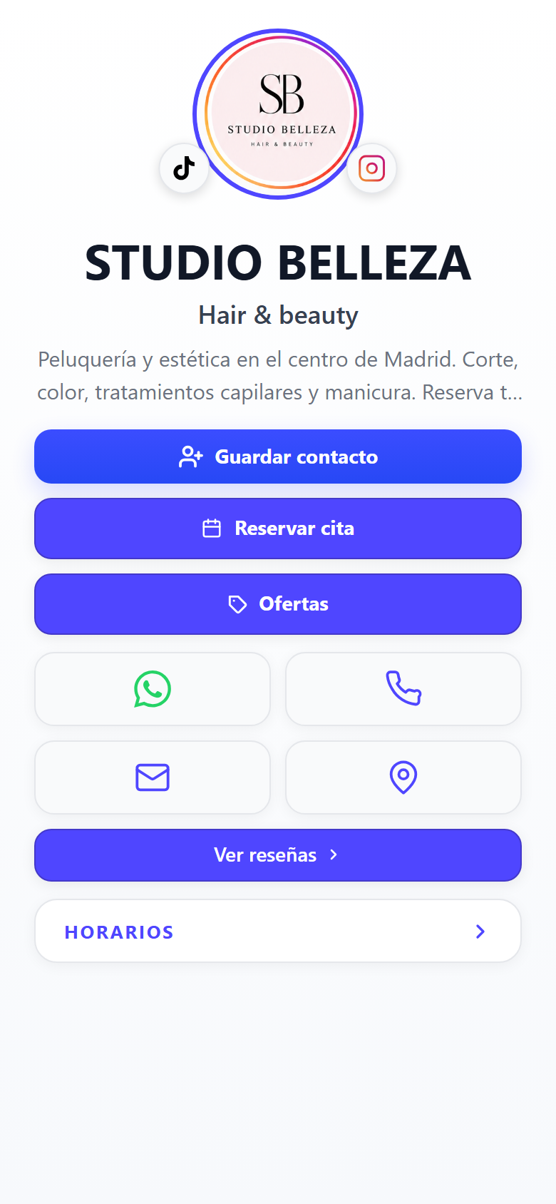 Página de link en bio de una peluquería, con botones para guardar el contacto, reservar cita, ver ofertas y escribir por WhatsApp