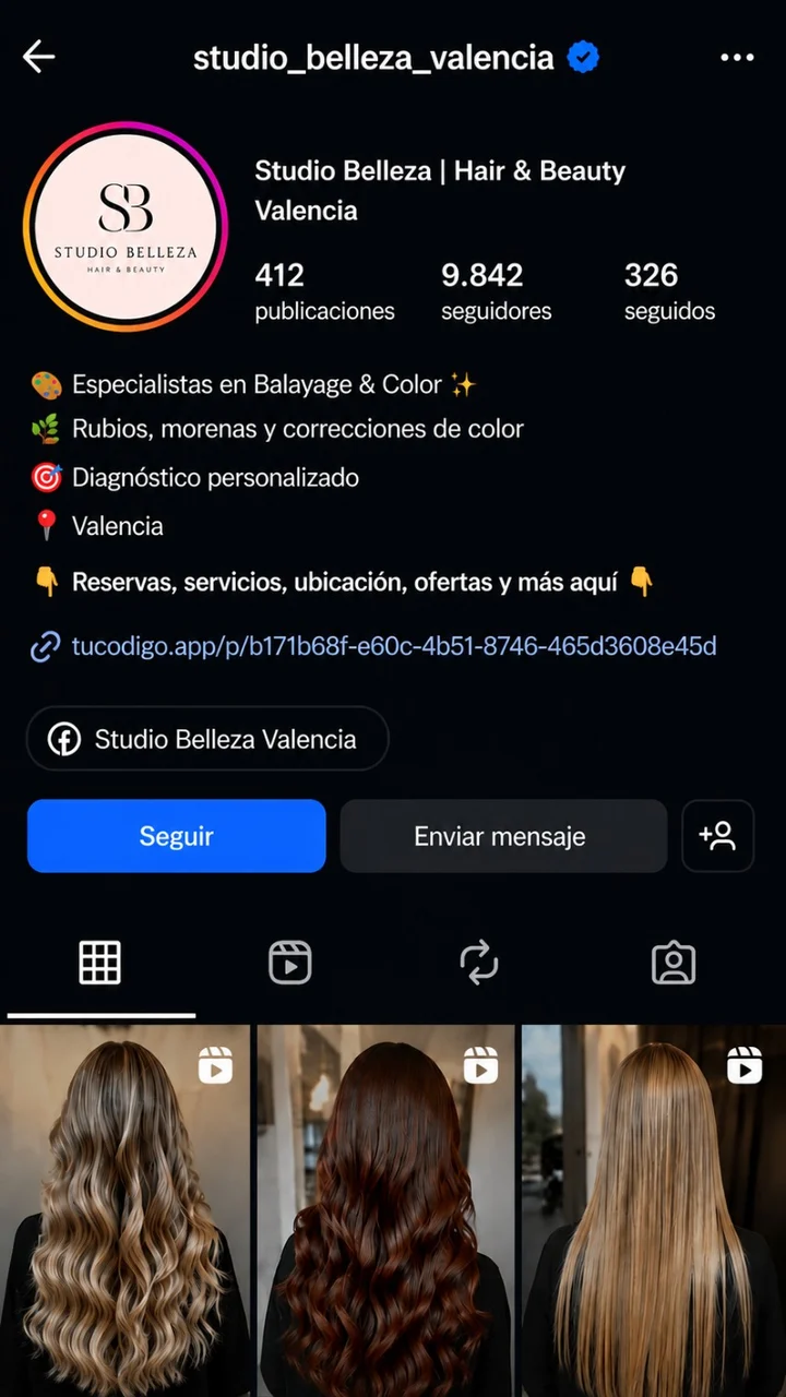 Perfil de Instagram de un negocio con su enlace de CodiGo en la biografía
